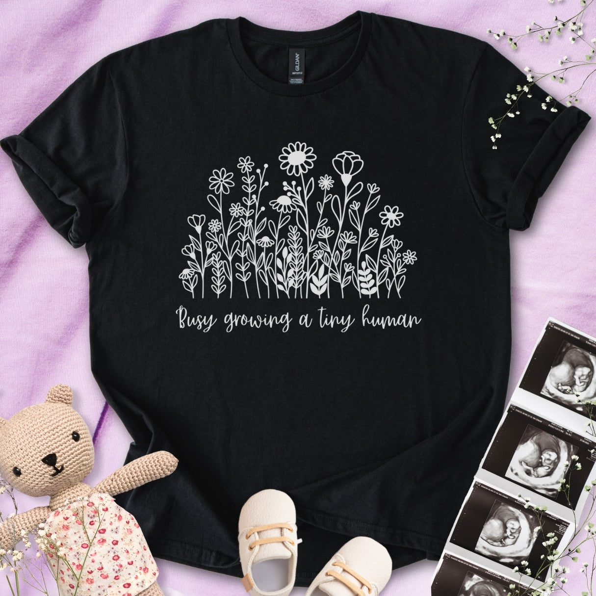 Busy Growing A Tiny Human - B&W Floral Tee