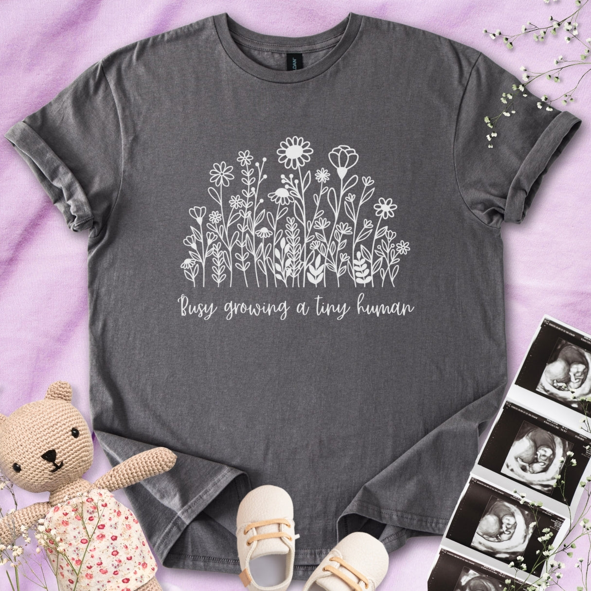 Busy Growing A Tiny Human - B&W Floral Tee