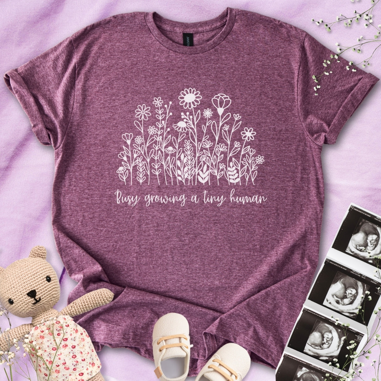 Busy Growing A Tiny Human - B&W Floral Tee