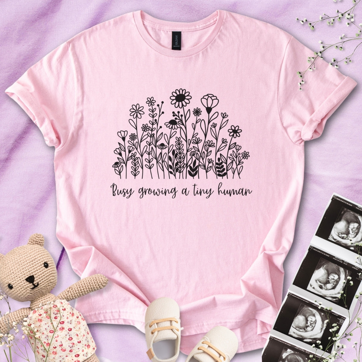 Busy Growing A Tiny Human - B&W Floral Tee