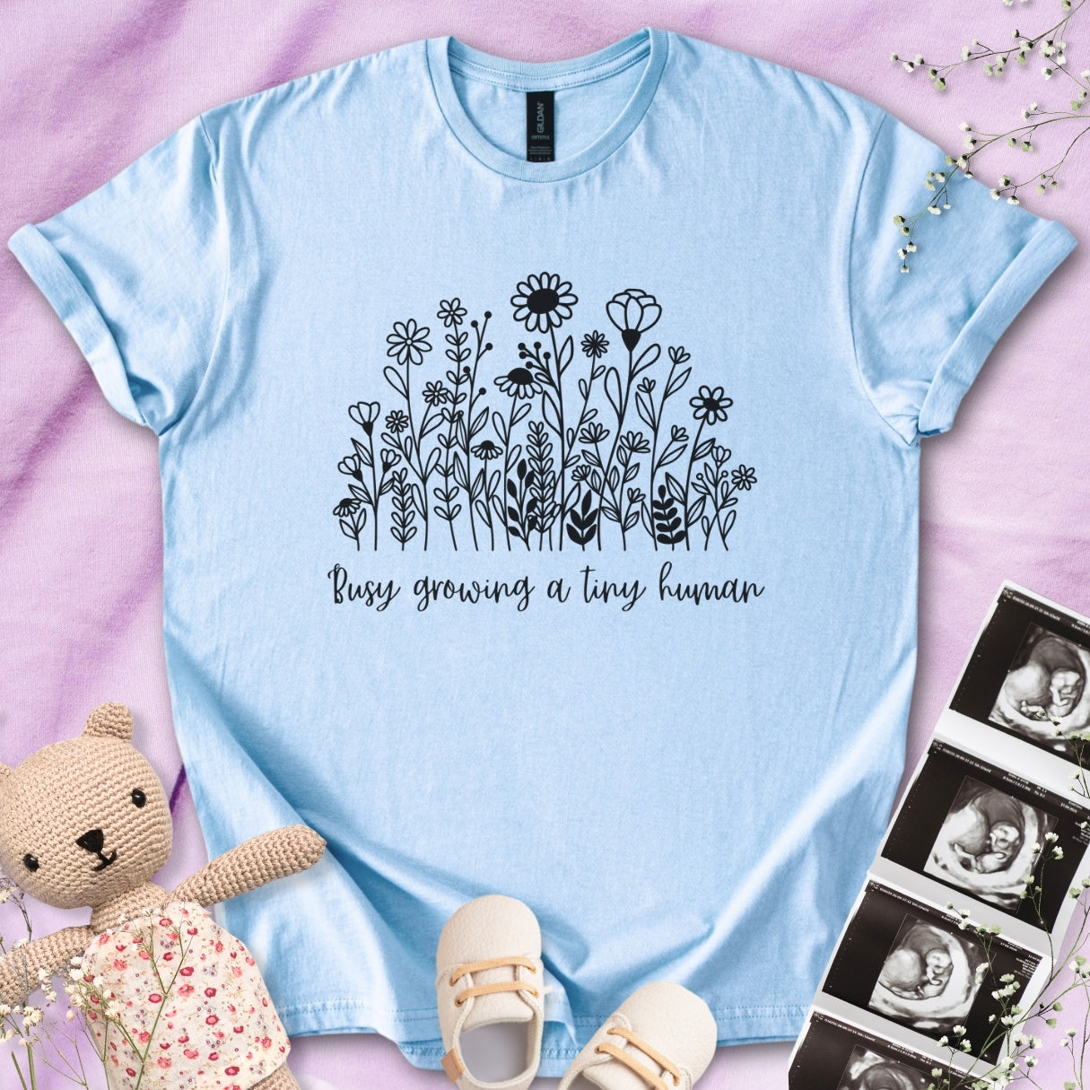Busy Growing A Tiny Human - B&W Floral Tee