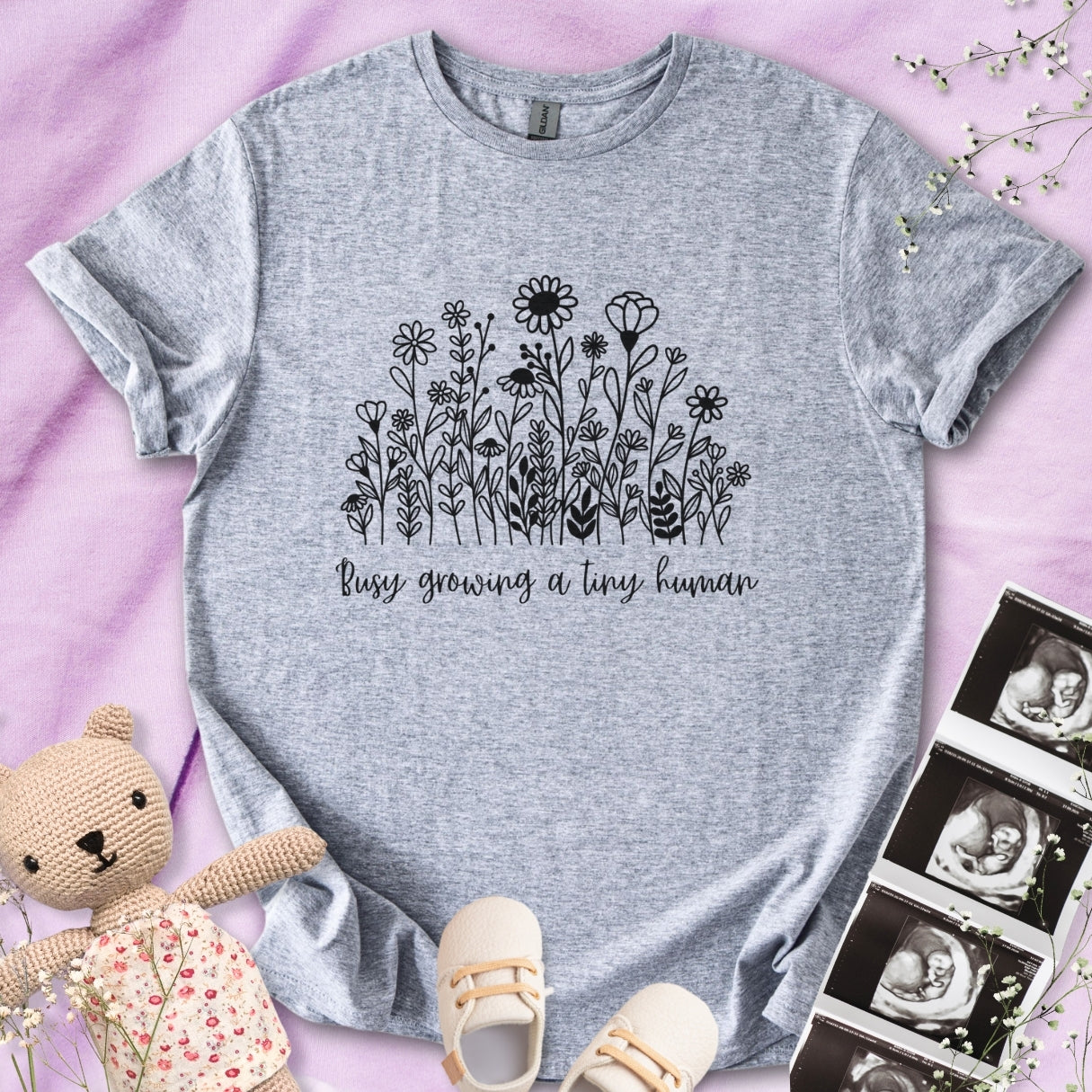 Busy Growing A Tiny Human - B&W Floral Tee
