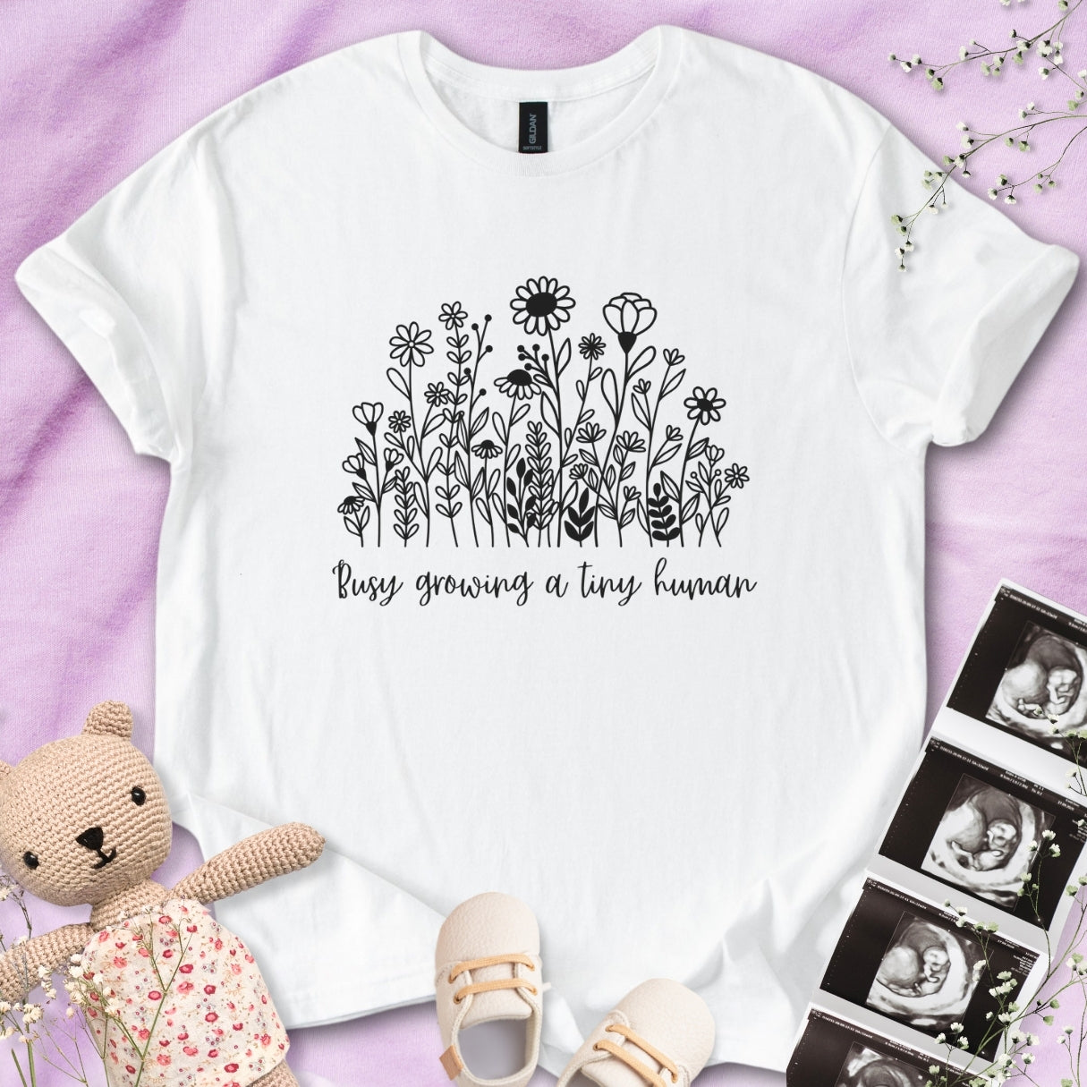 Busy Growing A Tiny Human - B&W Floral Tee