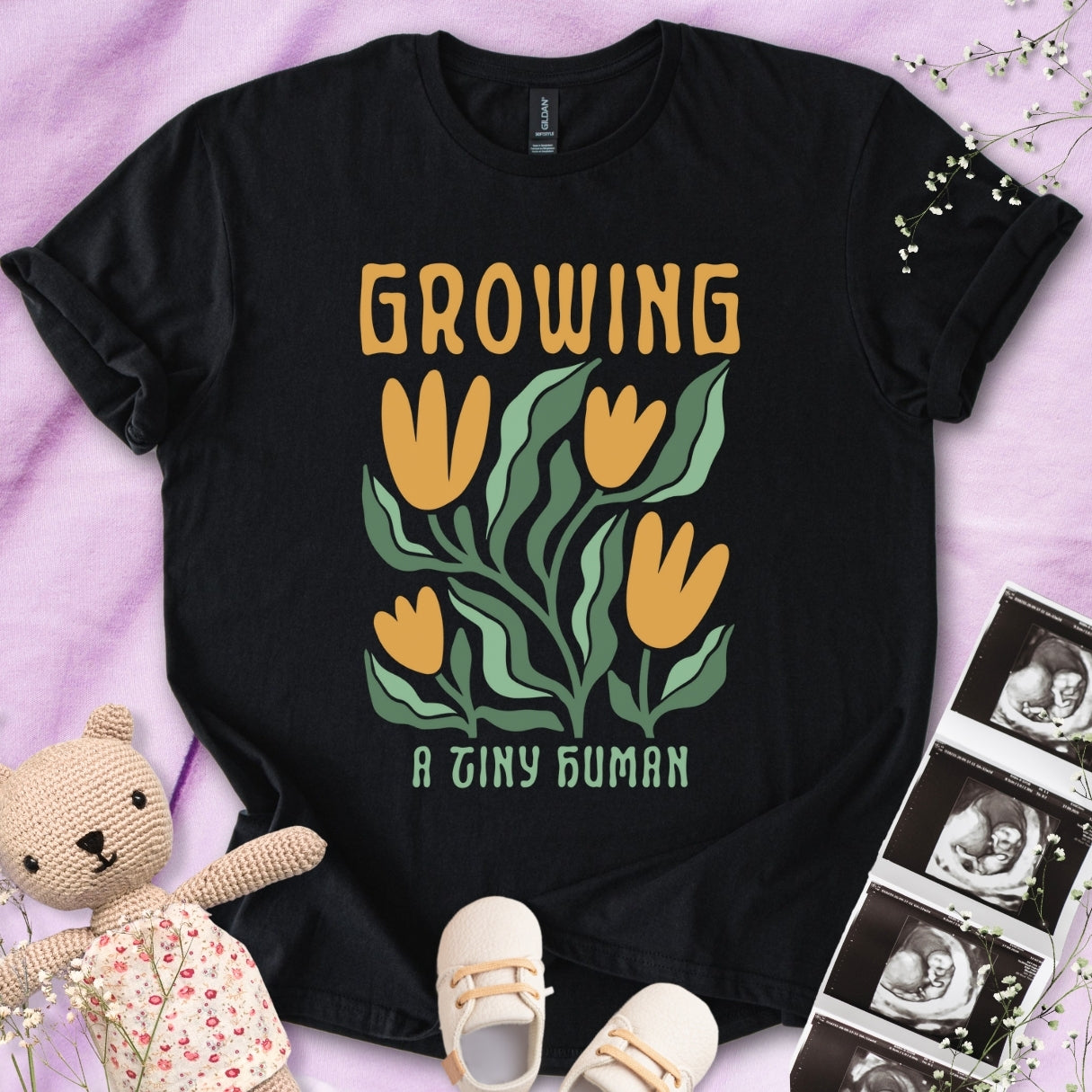 Growing A Tiny Human - Retro Floral Art Tee