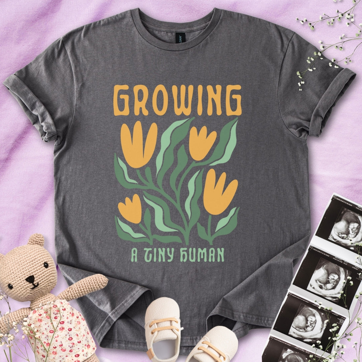 Growing A Tiny Human - Retro Floral Art Tee