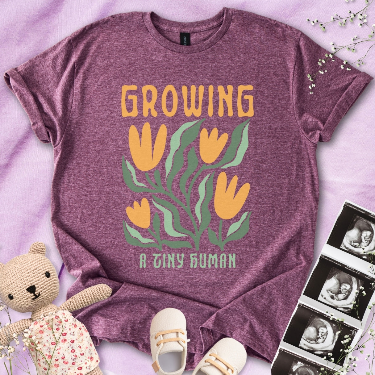 Growing A Tiny Human - Retro Floral Art Tee