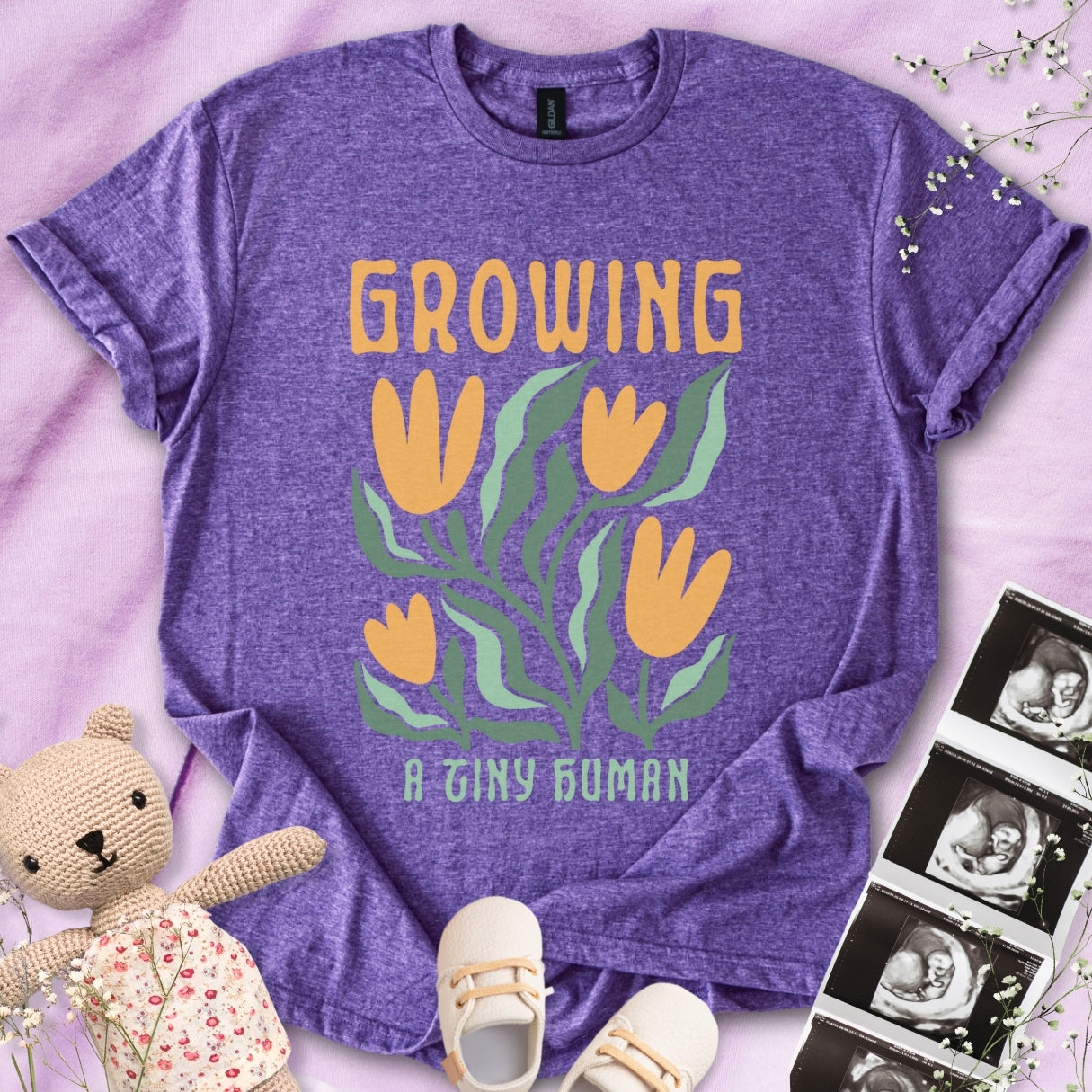 Growing A Tiny Human - Retro Floral Art Tee