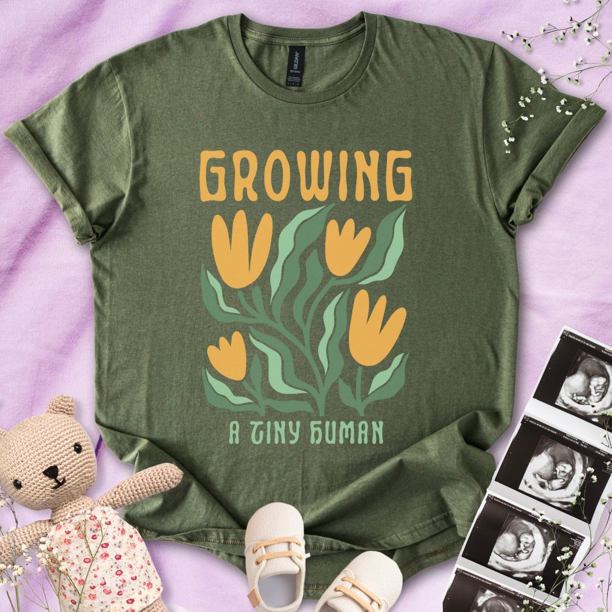 Growing A Tiny Human - Retro Floral Art Tee