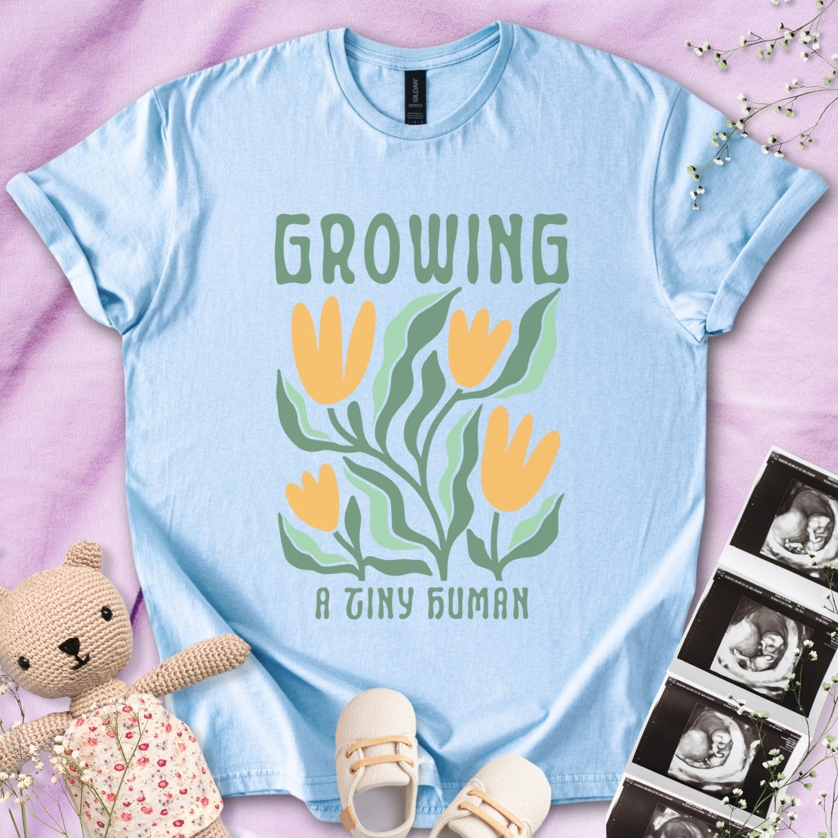 Growing A Tiny Human - Retro Floral Art Tee