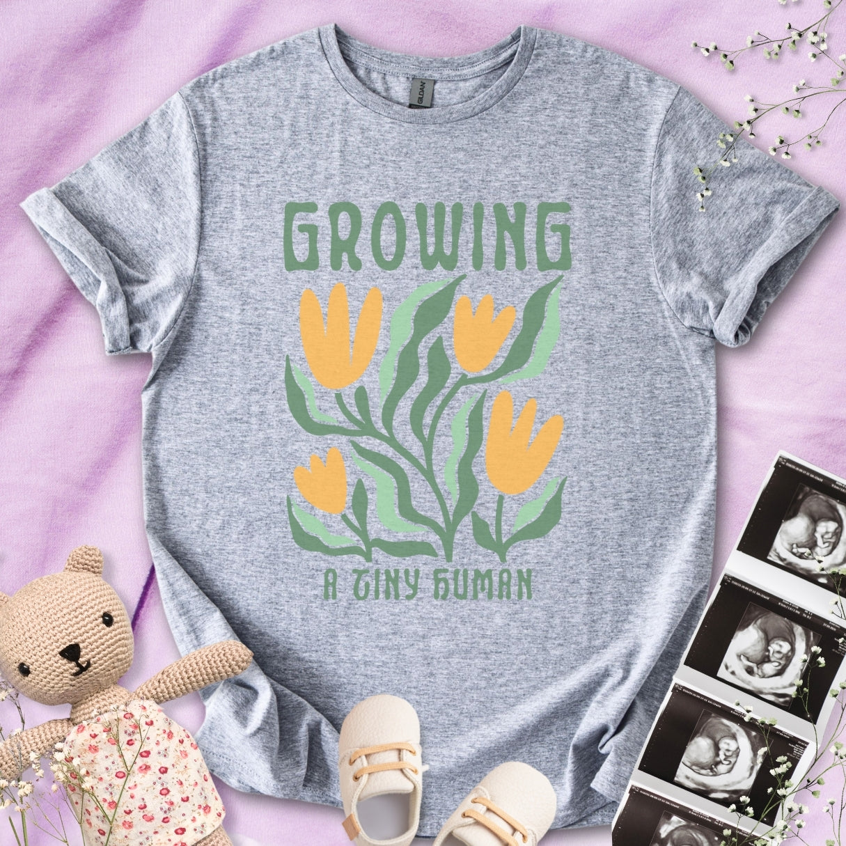 Growing A Tiny Human - Retro Floral Art Tee