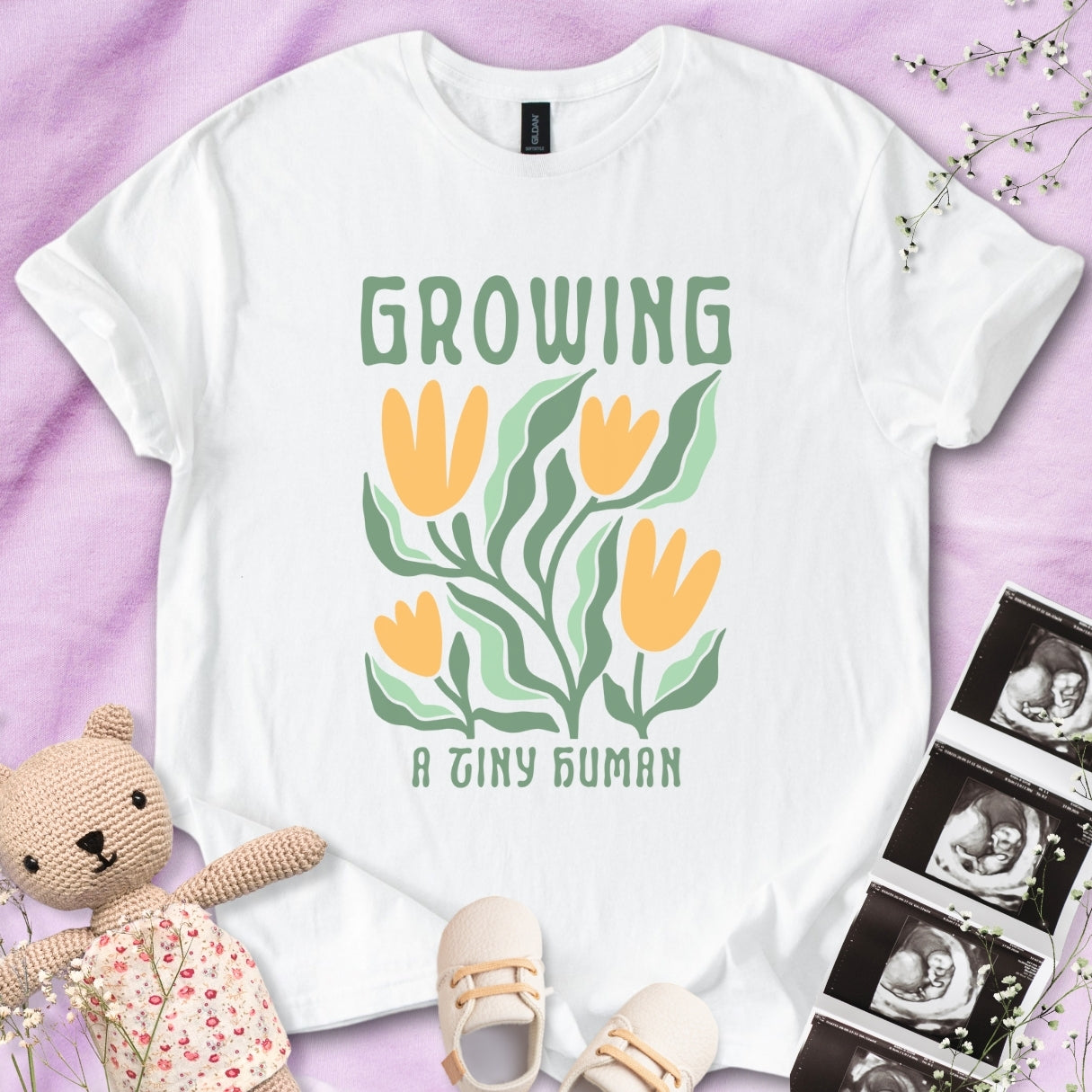 Growing A Tiny Human - Retro Floral Art Tee